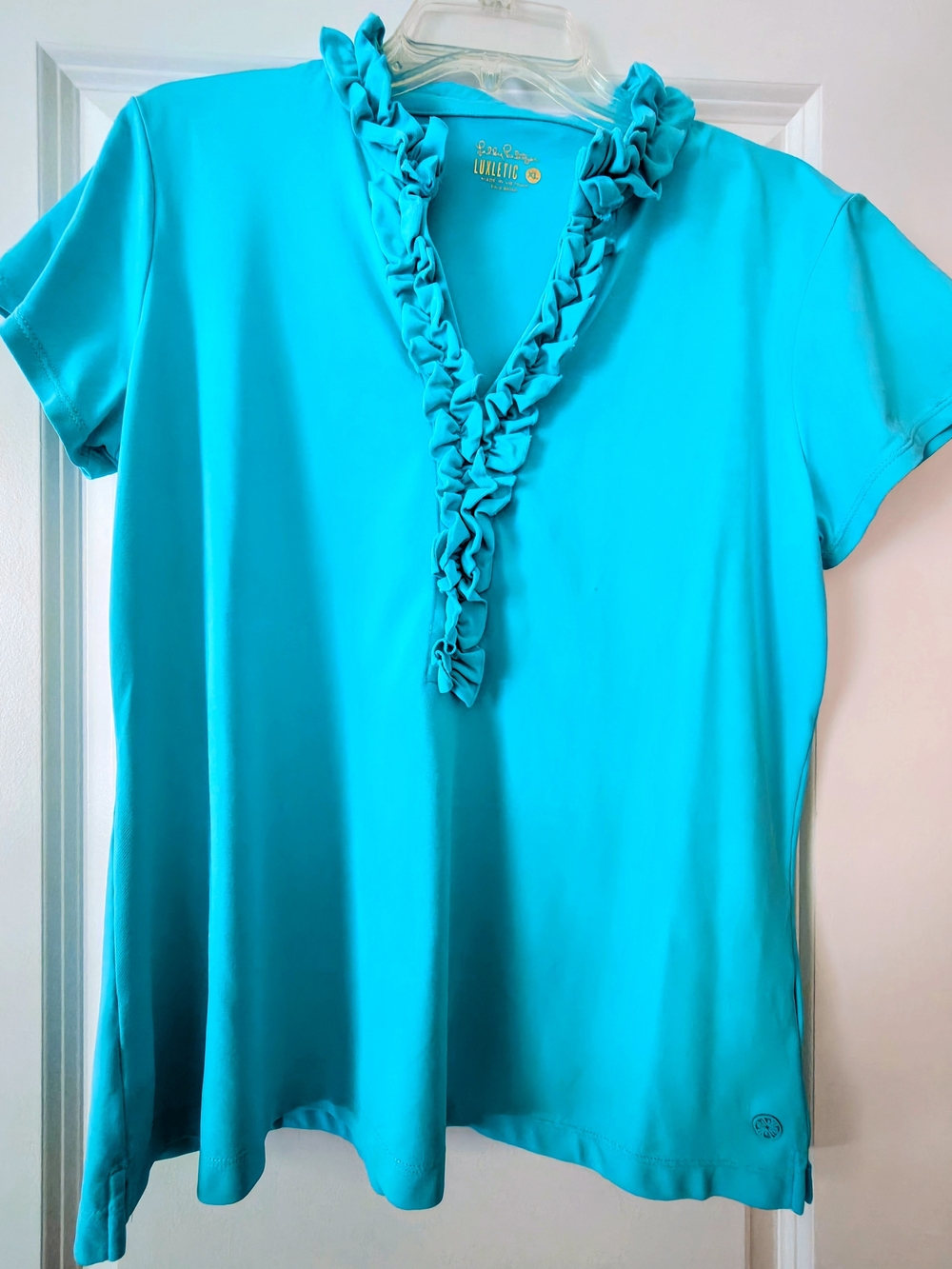 Lilly Pulitzer Turquoise Ruffle V-Neck Short Sleeve Tee